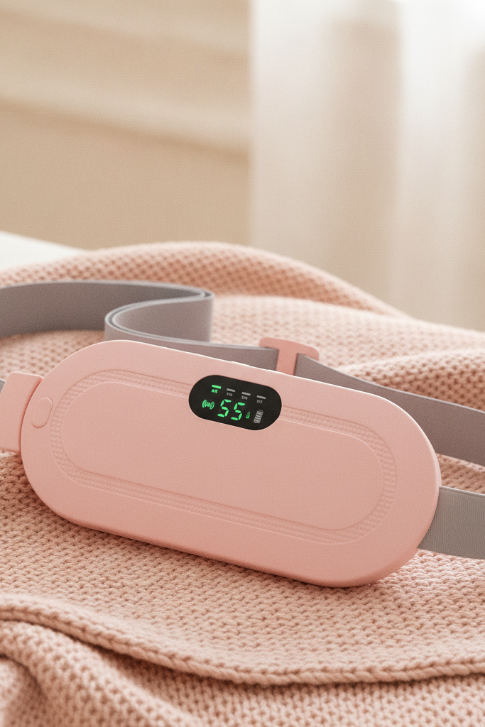 Close-up of a Cordless Menstrual Heating Pad on a blush peach blanket, digital display showing a precise temperature.