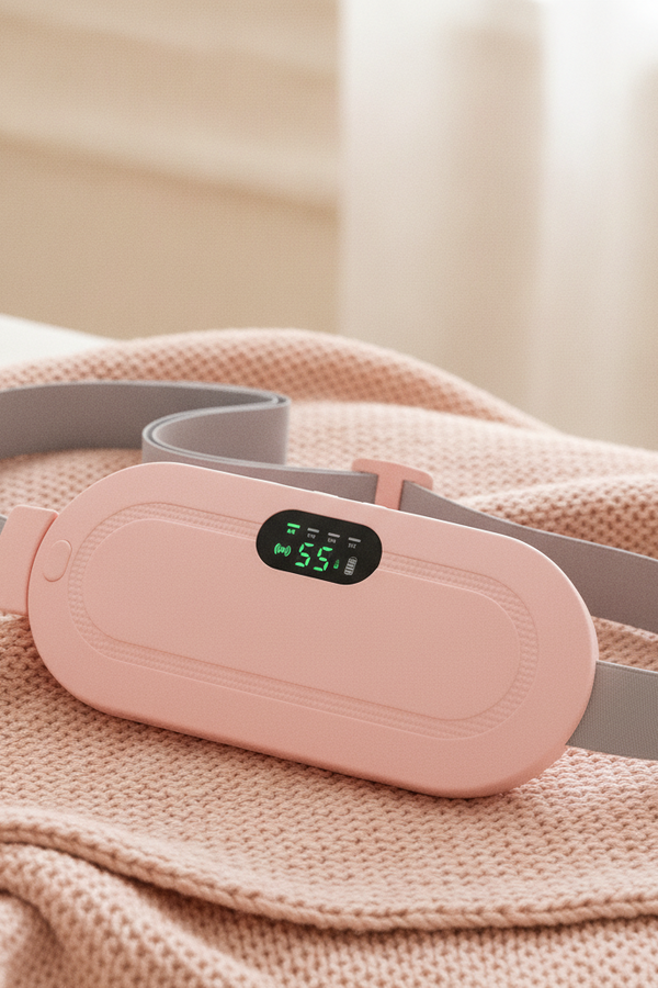 Close-up of a Cordless Menstrual Heating Pad on a blush peach blanket, digital display showing a precise temperature.
