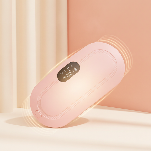Close-up of a Cordless Menstrual Heating Pad with a gentle, warm glow, suggesting kinetic muscle relaxation.