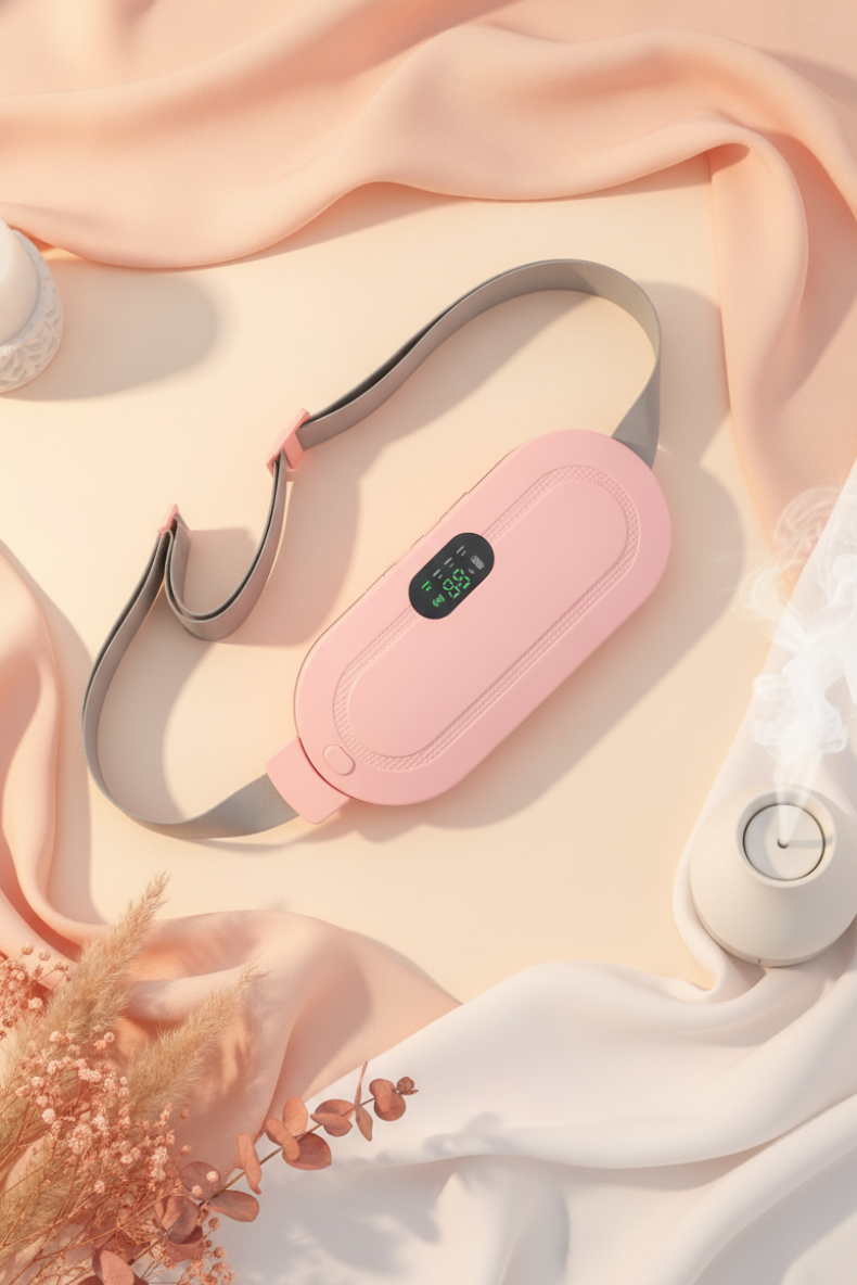 Cordless Menstrual Heating Pad in a flat-lay, surrounded by blush peach and warm cream fabrics, on a clean cream surface.