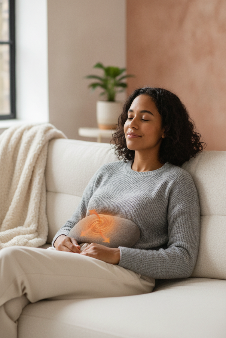 A woman rests on a modern sofa with a glowing Cordless Menstrual Heating Pad on her abdomen, in a candid, sunlit portrait.